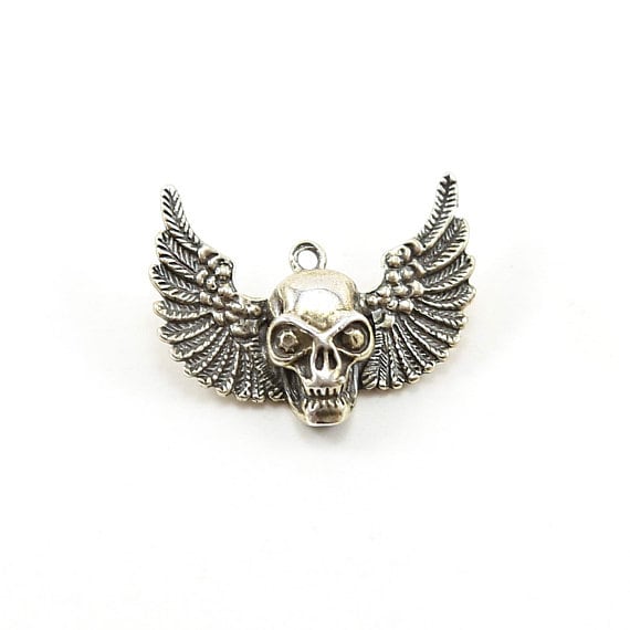 Large Sterling Silver Skull with Wings Day of the Dead Halloween Pirate Charm