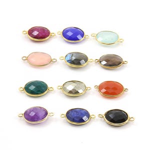 Oval semi precious faceted gemstone connector bezel charm / gold plated over sterling or sterling silver choose your stone permanent jewelry