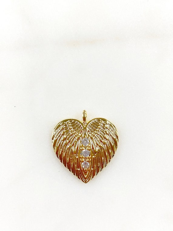 1 Piece Unique Angel Wing Gold Plated CZ Pave Heart Charm Textured Concaved Heart Pendant Charm