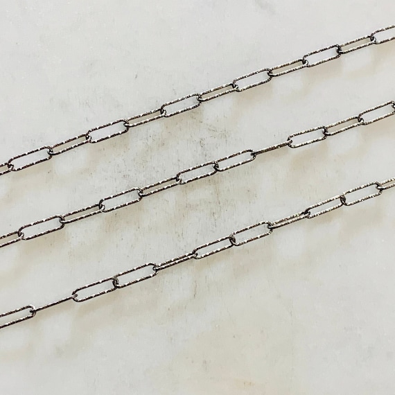 Unique Cut Textured Elongated Rectangle Cable Box Paper Clip Chain Oxidized Sterling Silver Chain Sold by the Foot/ Bulk Unfinished Chain