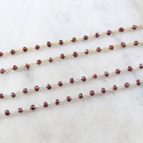 Dainty Garnet Gemstone Rosary Beaded Wire Wrapped Chain Sterling Silver or Vermeil  / Sold by the Foot / Bulk Unfinished Chain / January