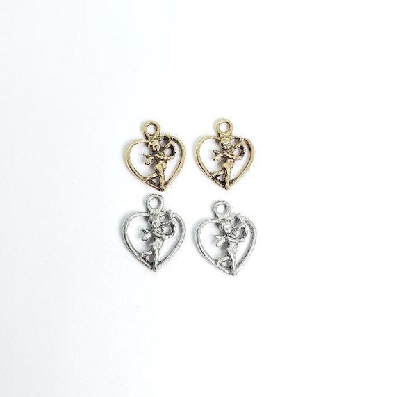 2 Pieces Pewter Cute Open Heart Standing Cupid Holding Bow And Arrow, Valentines Day, Love, Wedding in Antique Silver And Antique Gold