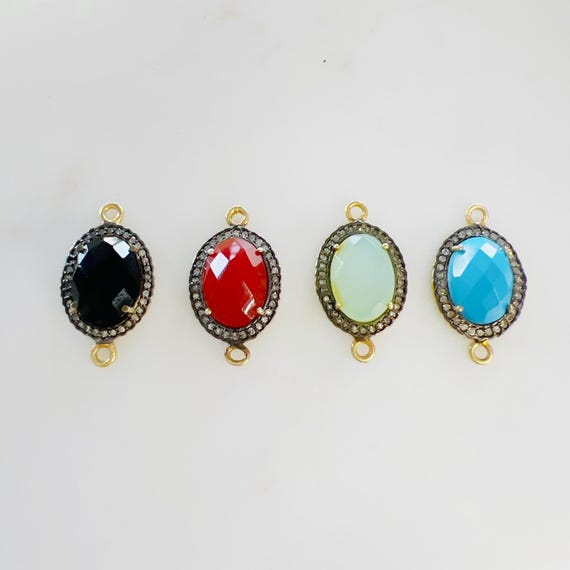 Oval Gemstone with Diamond Faceted Bezel Connector Charm in Sterling Silver or Vermeil Gold Choose your Gemstone Permanent Jewelry