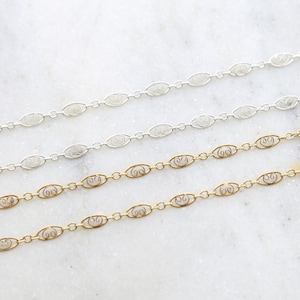 Fancy Lace Oval Filigree Heart Design 14K Gold Filled or Sterling Silver Chain Permanent Jewelry  / Sold by the Foot / Bulk Unfinished Chain