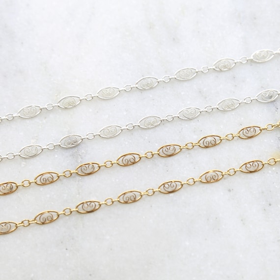 Fancy Lace Oval Filigree Heart Design 14K Gold Filled or Sterling Silver Chain Permanent Jewelry  / Sold by the Foot / Bulk Unfinished Chain