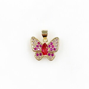 Cubic zirconia pavé butterfly charm raspberry pink detailed cz gold plated charm jewelry making charms and supplies