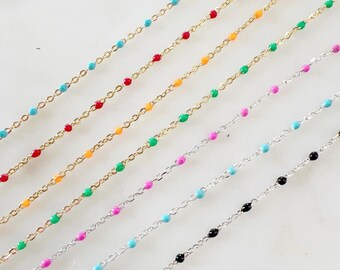Color enamel beaded chain 14k gf or sterling silver satellite flat cable cable permanent jewelry bulk unfinished chain/ sold by the foot