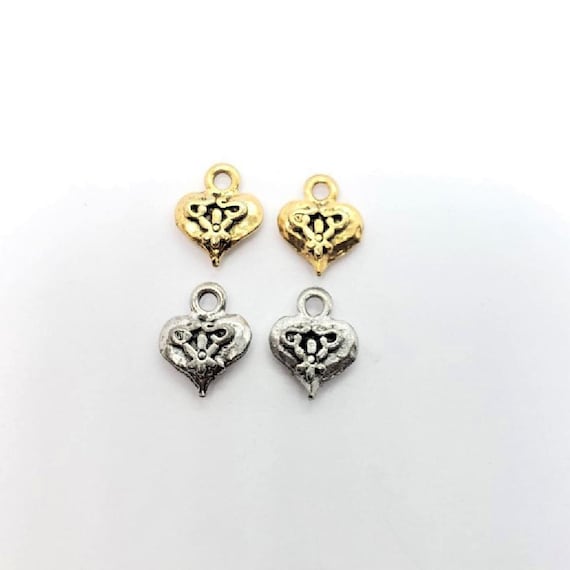 2 Pieces  Pewter Heart with Flower Design Charms in Antique Gold or Antique Silver Love, Sisters, Mother, Daughter, Pendant