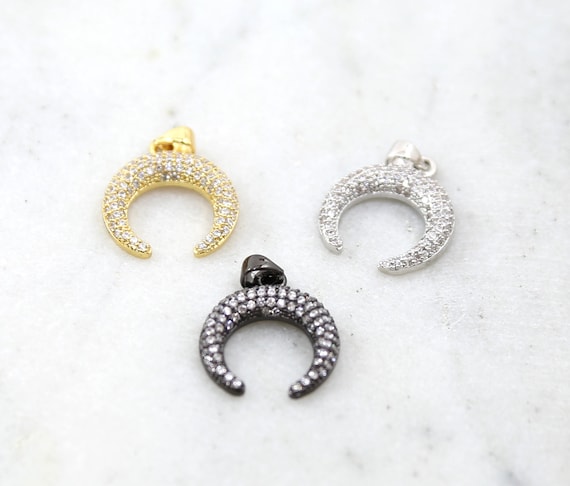 Large CZ Horn Upside Down Crescent Moon Cubic Zirconia Pave Charm in Gold,Silver or Gunmetal with Bail