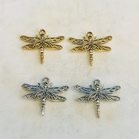 2 Pieces Large Pewter Flying Dragonfly Wings Charm Fantasy Pendant Inspirational Insect Pendant, Antique Gold, Antique Silver