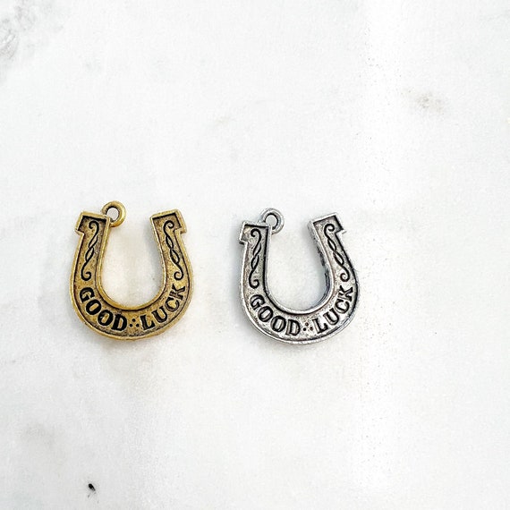 1 Piece Double Sided Horse Shoe Good Luck Charm Pewter Metal Horse Lover Charm in Antique Gold or Antique Silver