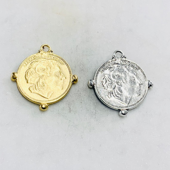 Large Ancient Greek Alexander the Great Coin Double Sided Horses Medallion Charm Pendant Pewter in Matte Gold, Antique Silver