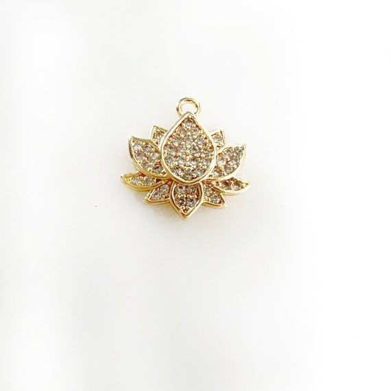 Cute Pave CZ Cubic Zirconia Gold Plated Lotus Charm Nature, Healing Spiritual Mantra Buddha Yoga Charm Pendant