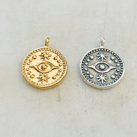 Round Evil Eye Medallion Coin with Stars Sterling Silver or Vermeil Gold Round Religious, Protection Charm Pendant, Good Fortune, Health