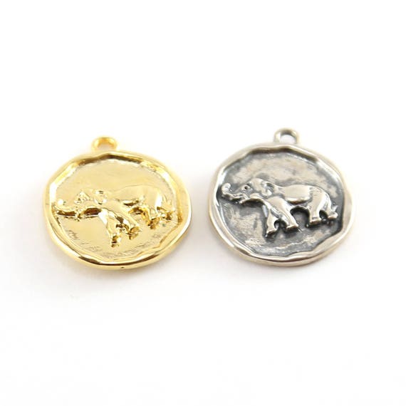 Coin Elephant Pendant With Flat Backing in Sterling Silver and Vermeil Gold