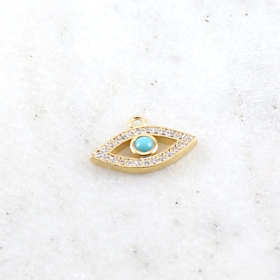 Gold Pave CZ Evil Eye Pendant Charm with Blue Stone Protector  Rhodium Plated Necklace Charm