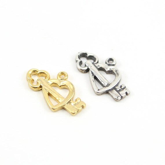 Key in Heart Charm in Sterling Silver or Vermeil Gold Love Friendship Romantic Pendant