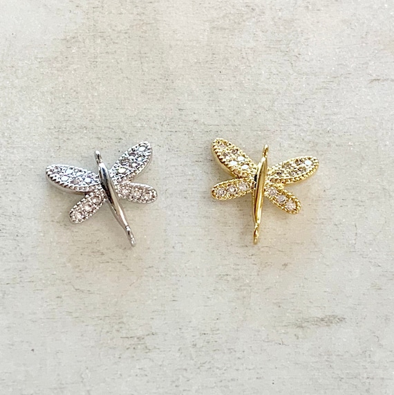 Small CZ Pave Dragonfly Connector Gold Plated or  Rhodium Plated 2 Loop Charm Spring Nature Dainty Cubic Zirconia Pendant