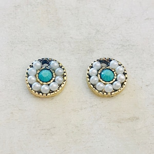 2 Pieces Round Circular Base Metal Colorful White and Turquoise Crystal Beaded Tribal Bohemian Pendant Charm
