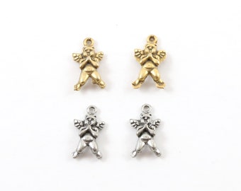 2 Piezas Peltre Volador Cupido Ángel Bebé Querubín Encanto Colgante Religioso Colgante Inspirador Oro antiguo, Plata antigua