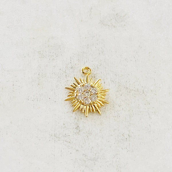 Tiny Small CZ Starburst Sun Charm Round Circle Drop Charm Pendant Celestial Jewelry Star Coin , Star Disc Gold Coin Gold Plated with CZ