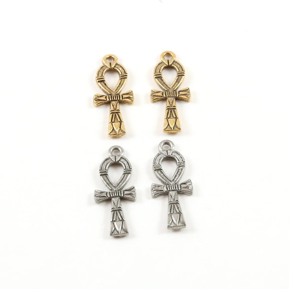 2 Pieces Detailed Small Egyptian Ankh Life Charm Pewter Base Metal Antique Silver Antique Gold