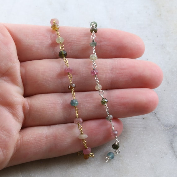 Tourmaline Wire Wrapped Chain 4mm Tourmaline with Sterling Silver Wire Wrap Rosary Style beaded Chain BY FOOT CHN-288