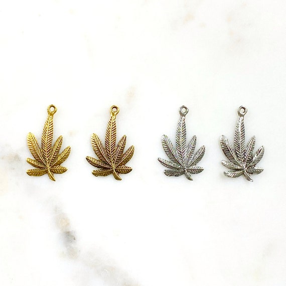 2 Piece Large Marijuana Leaf Charm Choose Your Color Antique Gold or Silver Pewter Unique Pot Charm