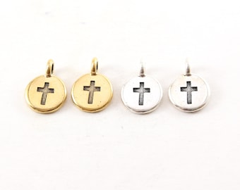 2 Pieces Pewter Base Metal Coin Stamped Cross Circle Charm with Bail Pendant Religious Spiritual Catholic Pendant