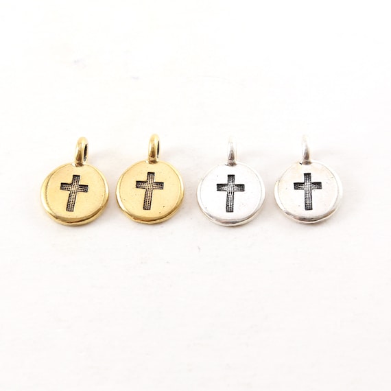 2 Pieces Pewter Base Metal Coin Stamped Cross Circle Charm with Bail Pendant Religious Spiritual Catholic Pendant