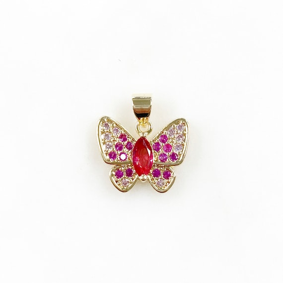 Cubic Zirconia Pavé Butterfly Charm Raspberry Pink Detailed CZ Gold Plated Charm Jewelry Making Charms and Supplies