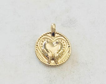 Vintage inspired hand holding heart coin charm  gold plated love friendship inspiration charm pendant