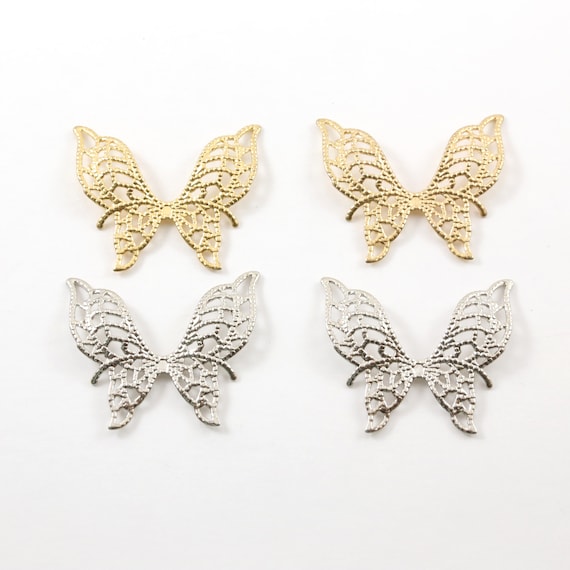 2 Pieces Large Pewter Lightweight Flying Butterfly Filigree Wings Charm Fantasy Pendant Inspirational Pendant, gold, silver