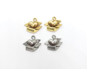 2 Pieces Pewter Heart in Box in Fragile Box Charm, Jewelry Making Supplies ,Necklace, Pendant, Antique Gold, Antique Silver