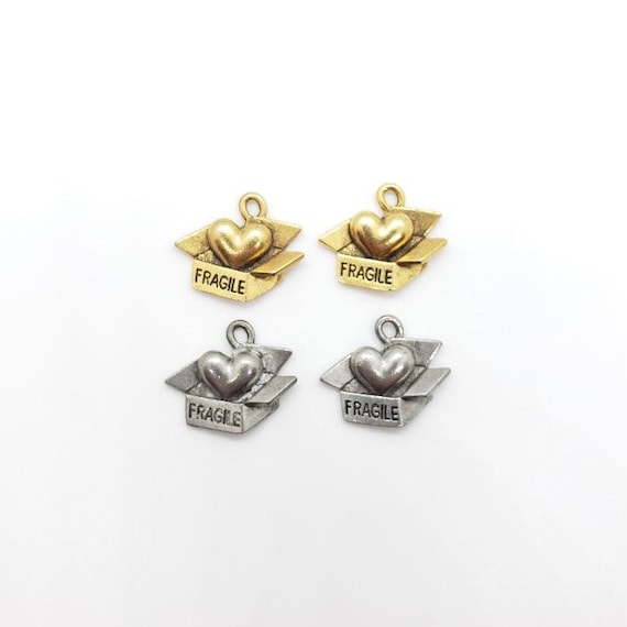 2 Pieces Pewter Heart in Box in Fragile Box Charm, Jewelry Making Supplies ,Necklace, Pendant, Antique Gold, Antique Silver