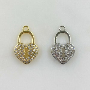 Heart Shaped Pad Lock CZ Charm Choose Your Color Gold or Silver