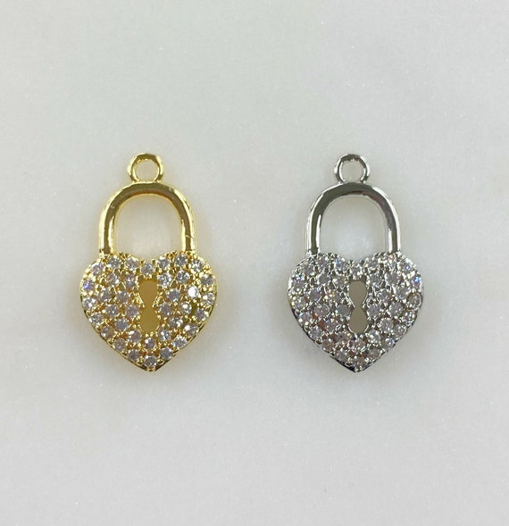 Heart Shaped Pad Lock CZ Charm Choose Your Color Gold or Silver