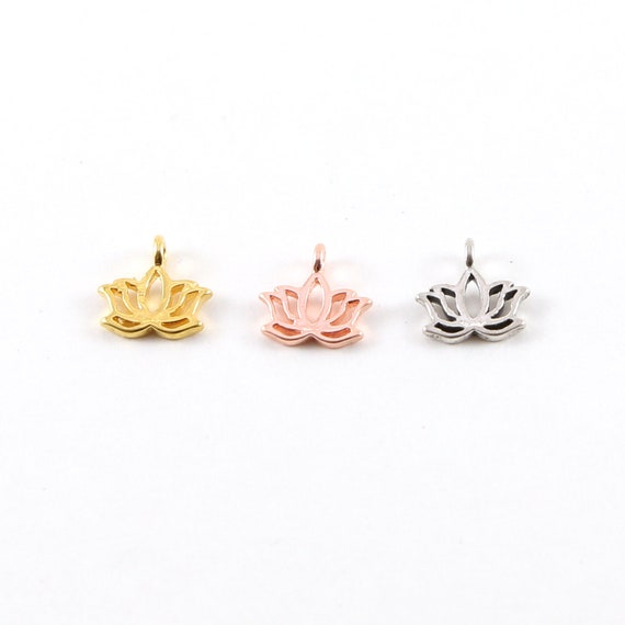 Tiny Small Lotus Silhouette Charm Sideways Loop in Sterling Silver, Vermeil Gold, Rose Gold Healing Spiritual Nature Flower Buddha Charm