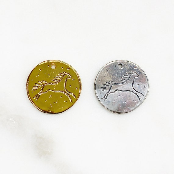 Cute Horse Drawing Circle Coin Medallion Charm Pendant with Running Horse Good Luck Horse Lover Charm in Vermeil Or Sterling Silver