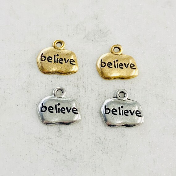2 Pieces Pewter Base Metal Wide Oval with Believe Charm Pendant Inspirational Charm Antique Gold, Antique Silver