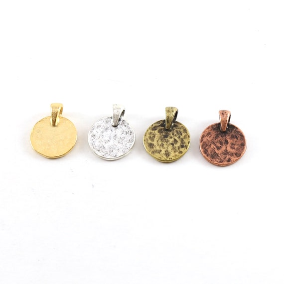 Small Pewter Base Metal Hammered Stamping Blank Circle Coin Charm with Bail Pendant Gold, Silver, Antique Brass, Antique Copper