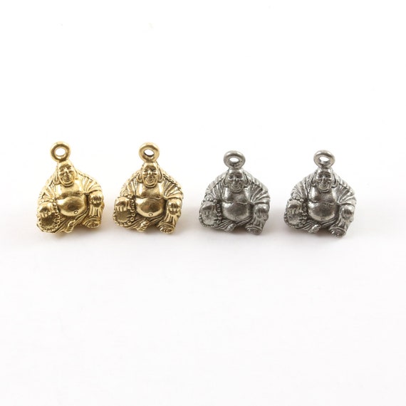 Thick 3D Buddha Pewter Charm Buddha Mantra Yoga Religious Spiritual Pendant 10mm x 15mm in Antique Gold, Antique Silver 2 pieces