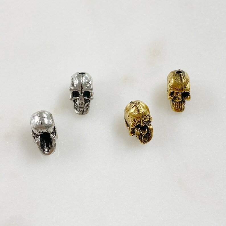 2 Pieces Pewter Small Skull Head Bead Vertical Hole Pendant Halloween Skeletons Day of the Dead Charm in Antique Gold, Antique Silver image 4