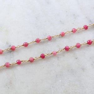 Dainty vermeil gold ruby beaded wire wrapped chain / sold by the foot / bulk unfinished chain / red pink gemstone chain july birthstone