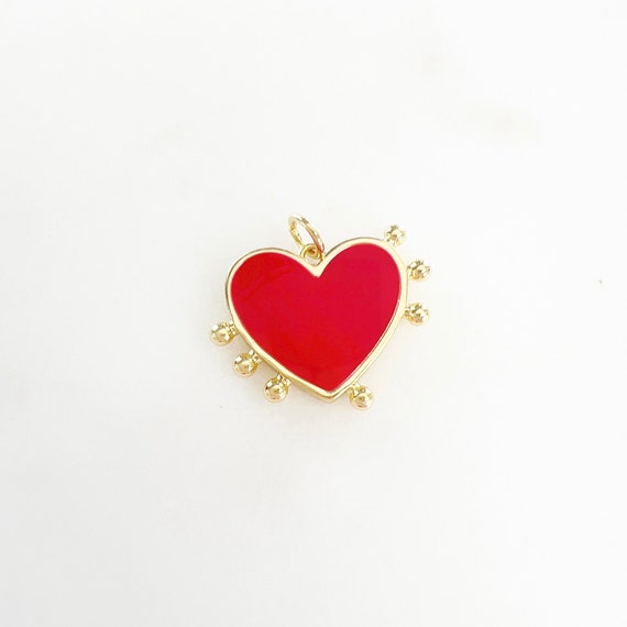Cute Red Enamel Heart Dotted Beaded Edge Charm Valentine's Day Heart Charm Love Friendship Charm Pendant Gold Plated
