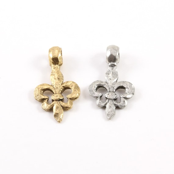 Thick Fleur De Lis Hammered Textured Design Pendant Pewter Necklace Charm 16mm x 30mm in Antique Gold or Antique Silver