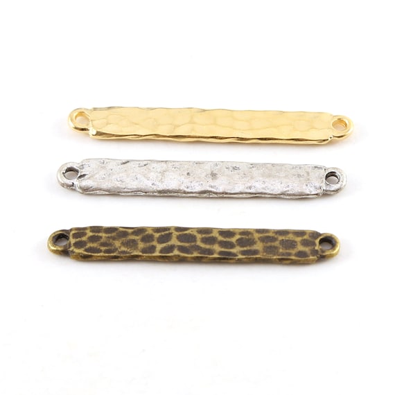 Pewter Metal Medium Hammered Textured Bar 36mm x 4mm Pendant Stamping Blank Double Hole Bar Silver, Gold, Brass