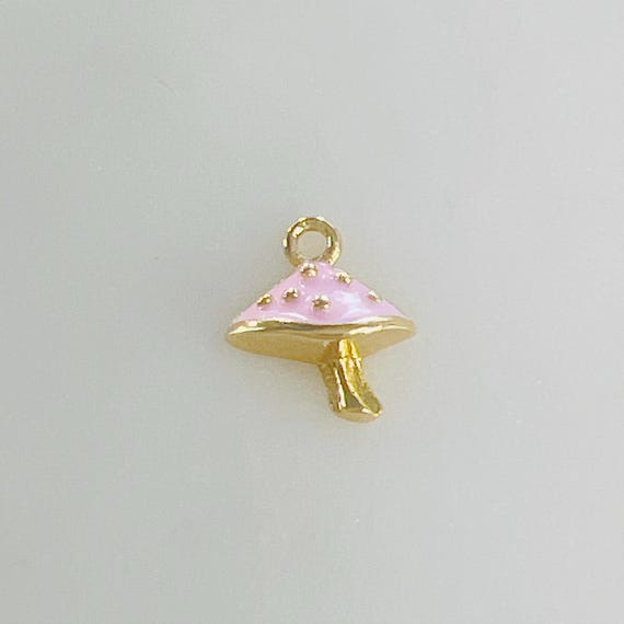 Cute Teeny Tiny Pink Enamel Mushroom Charm Gold Plated Mushroom Jewelry Making Charm