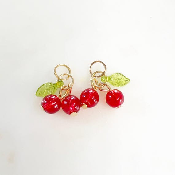 2 Pieces Red Glass Cherry Charm Juicy Fruit Charm Cute Glass Charm Food Pendant Purse, Lip Gloss, Earring Charm