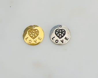 Speckled heart with love charm in sterling silver and vermeil gold valentine's day love friendship pendant